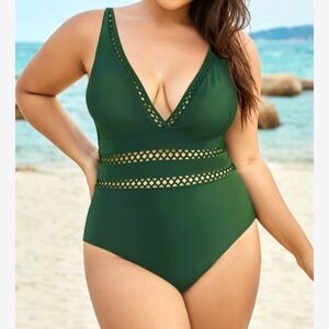 Womens Deep V-Neck Green One-Piece Swimsuit By Meet Curve Nwt